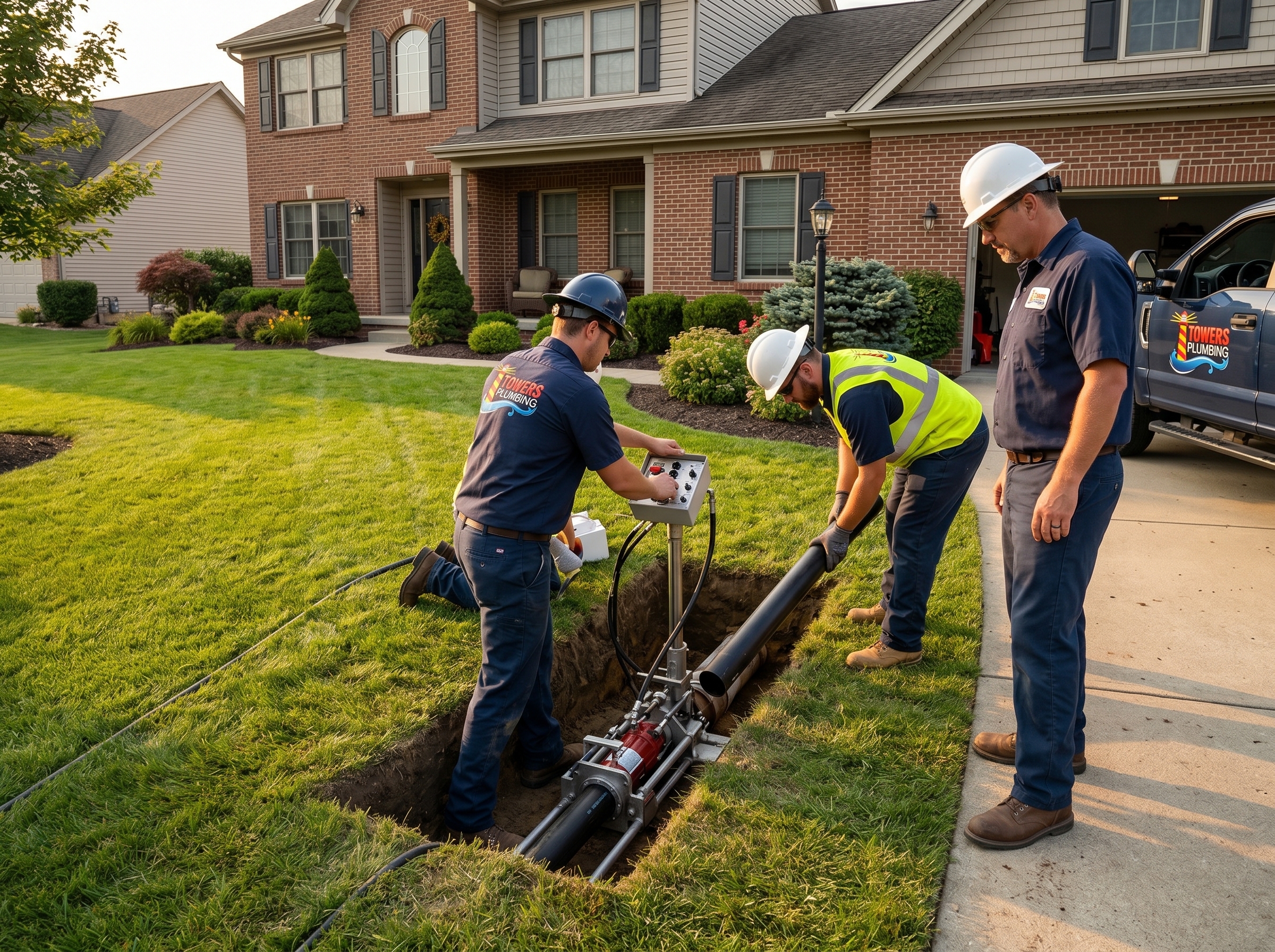 Towers Plumbing crew performing a trenchless sewer line repair in a Northern Utah yard