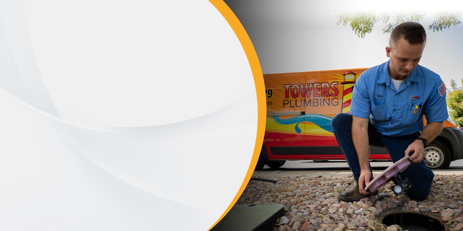 Towers Plumbing technician with branded van