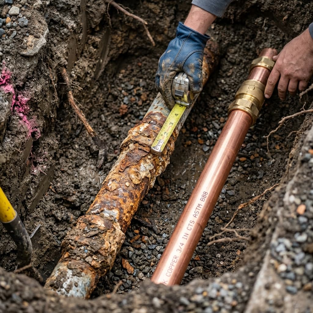 Corroded galvanized water main pipe next to a new copper replacement pipe