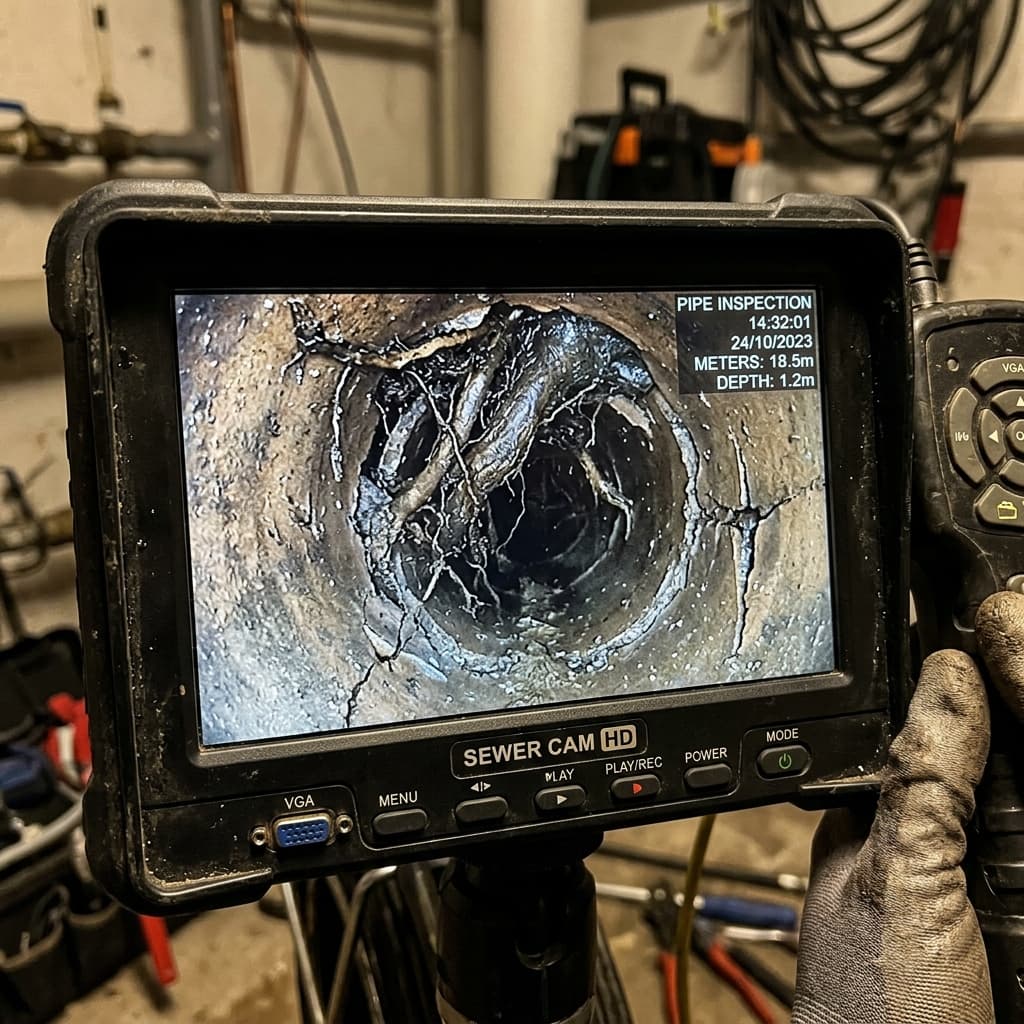 Sewer camera monitor showing tree root intrusion inside a residential pipe