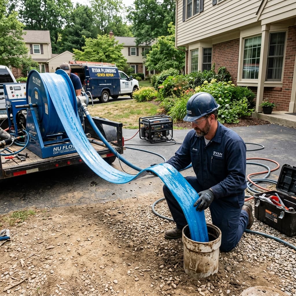 CIPP pipe liner being fed into a sewer cleanout for trenchless repair