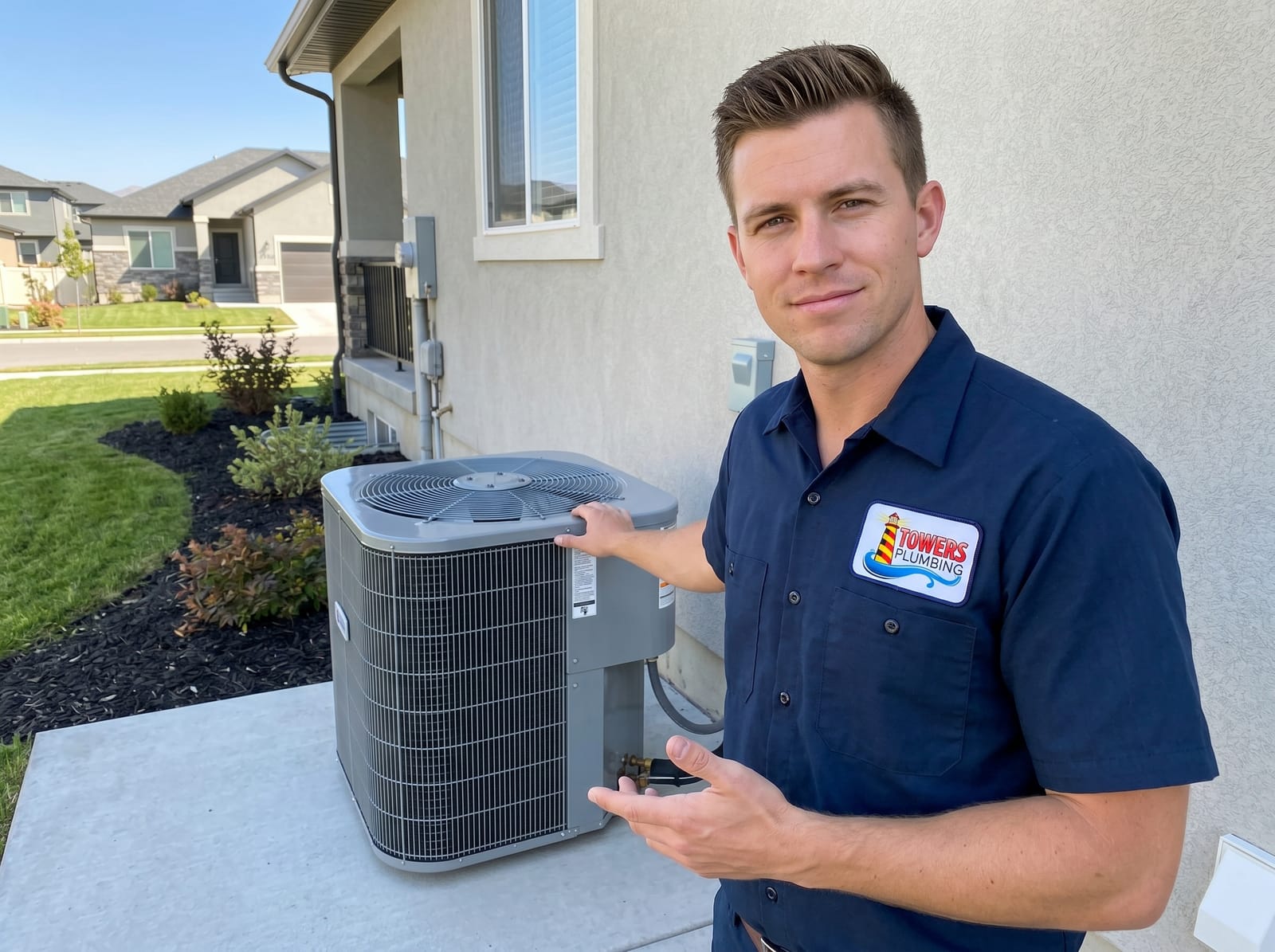 Towers Plumbing HVAC technician installing a central air conditioning unit