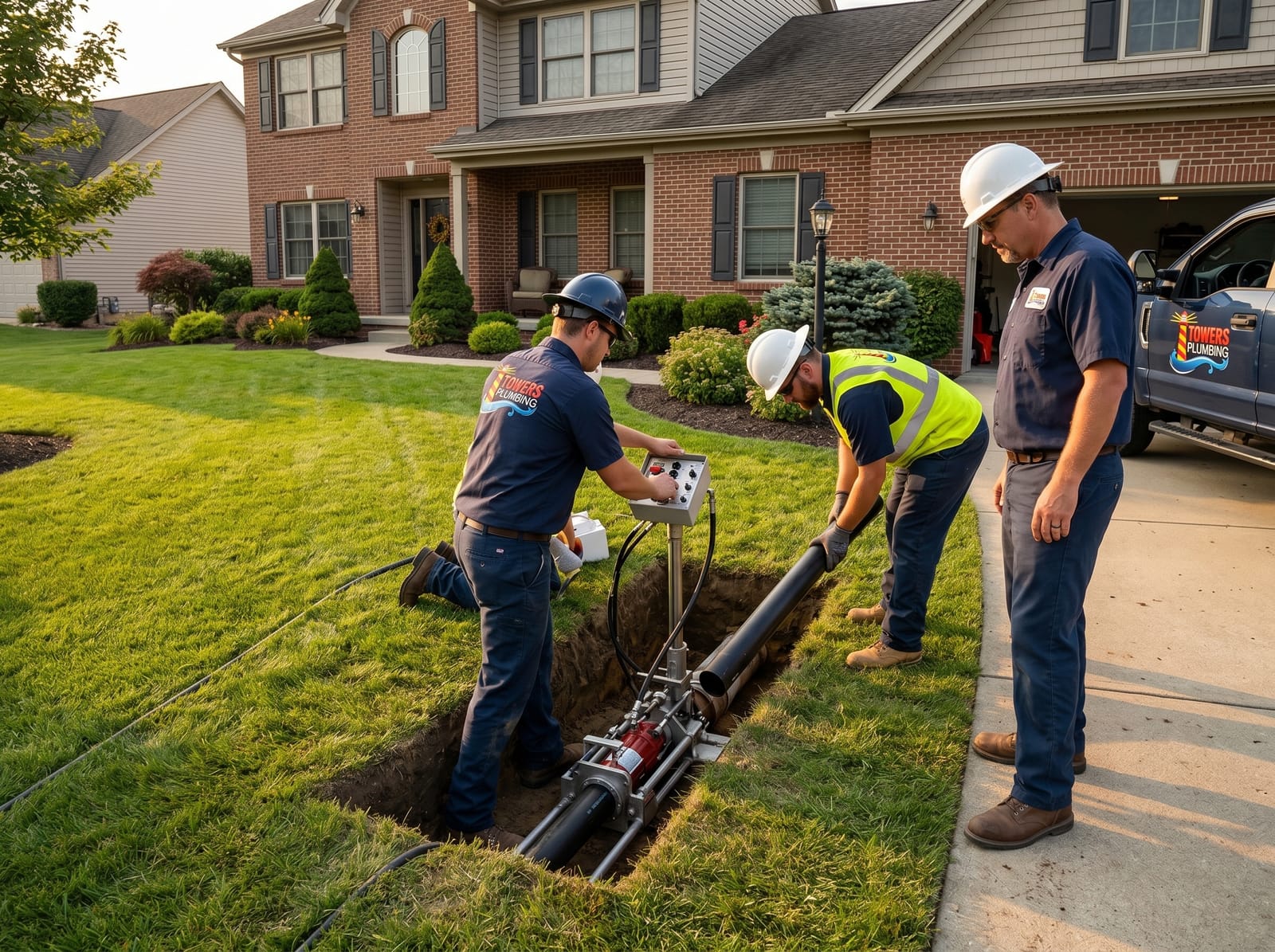 Towers Plumbing crew performing a trenchless sewer line repair in a Northern Utah yard