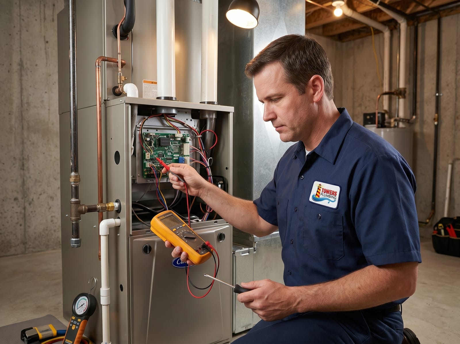 Towers Plumbing HVAC technician servicing a furnace in a Northern Utah home