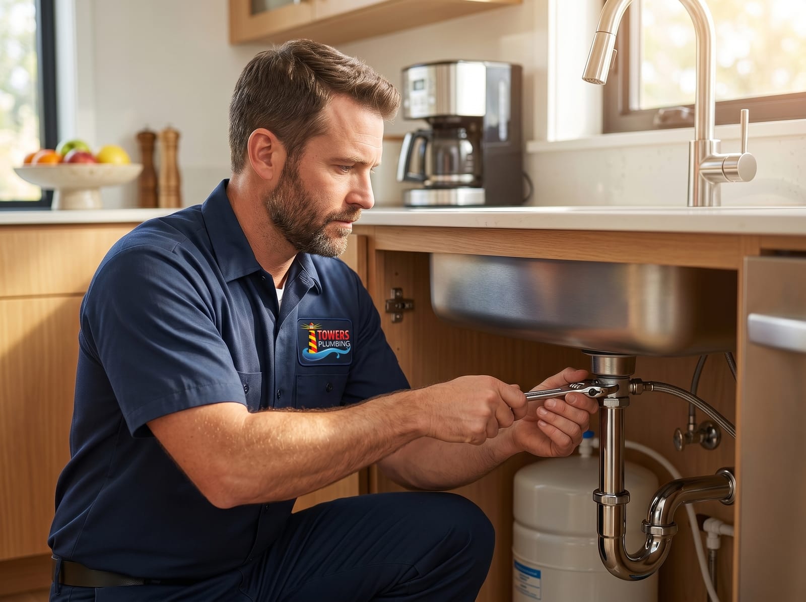 Towers Plumbing technician repairing a plumbing line in a Northern Utah home