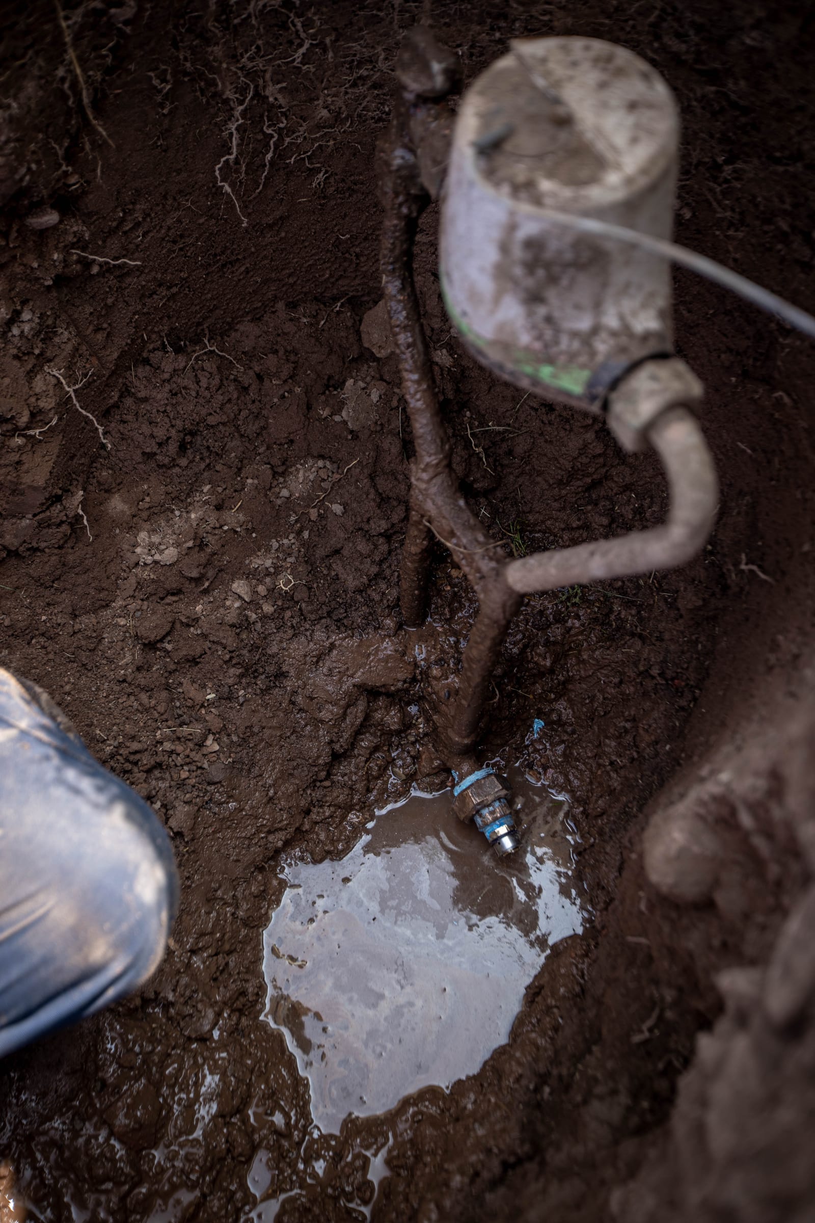 New PVC sewer pipe being installed in a trench replacing old clay pipe